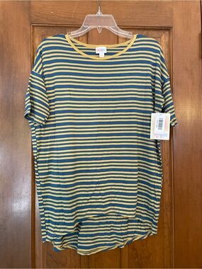 LuLaRoe Women’s Irma Yellow and Blue Striped Crewneck Tunic Tee NWT Size XXS